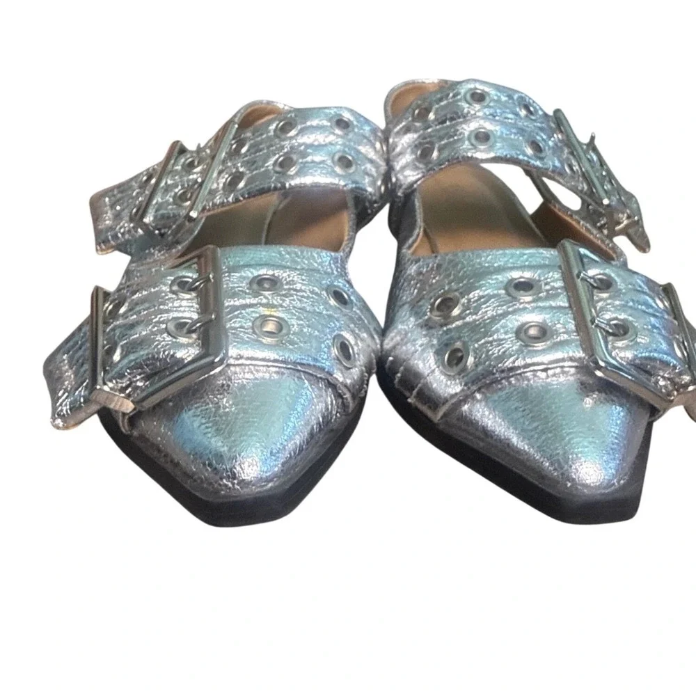 Womens Y2K Chunky Buckle Ballet Flats Size 8 Ballerina Slingback Metallic Silver